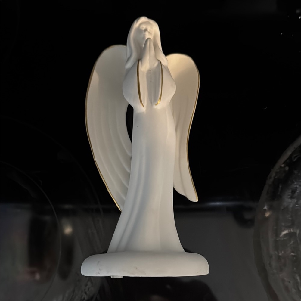 Ceramic Angel Sculpture in white with gold accents is hand painted